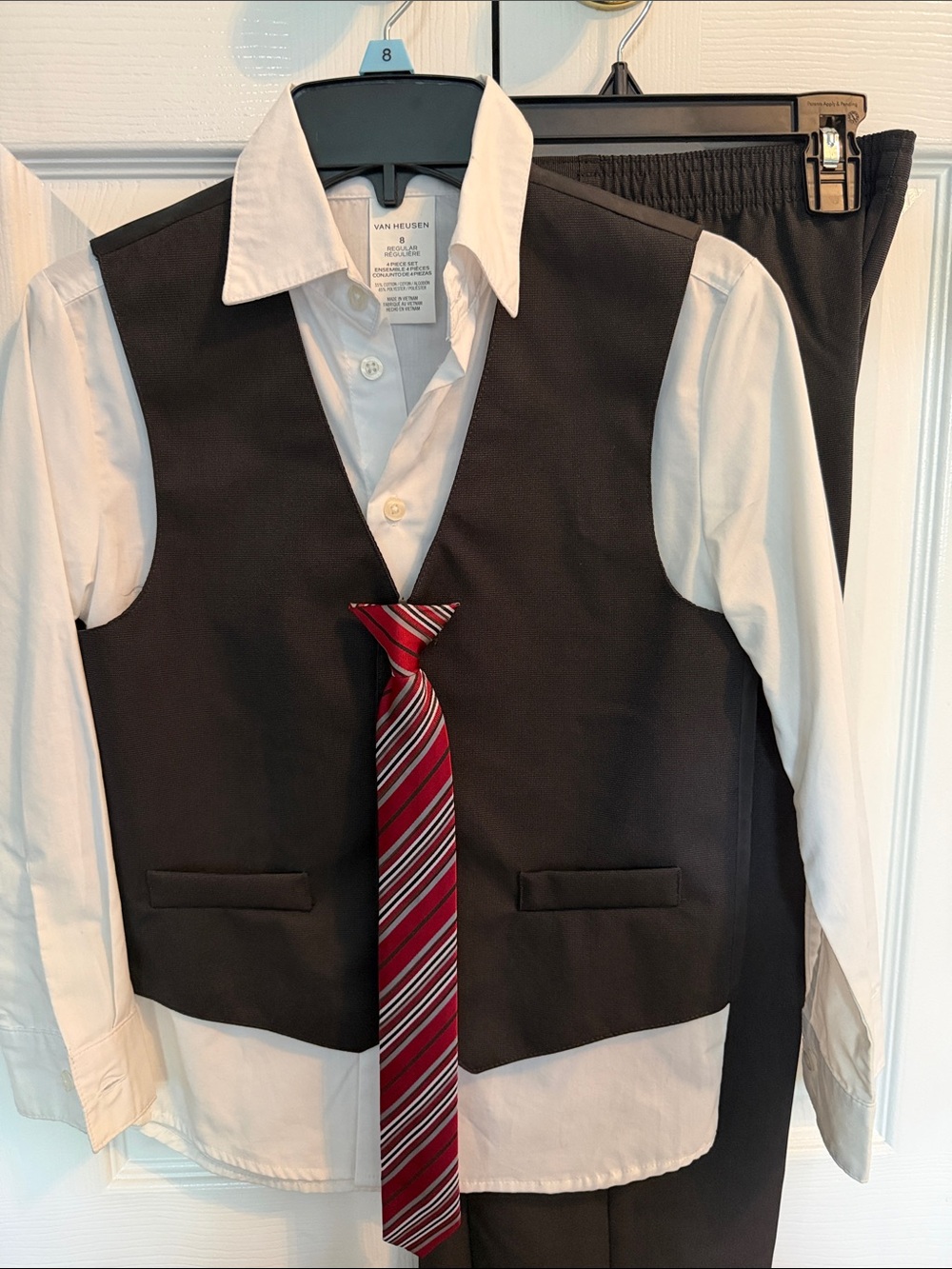 Van Heusen Black Vest and Pants Set with White Shirt and Red Striped Tie